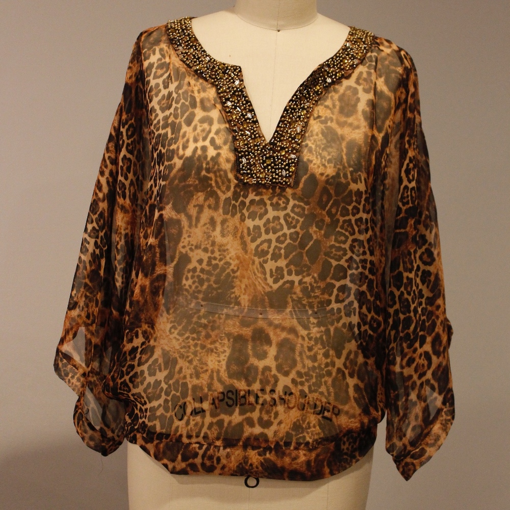 Lucy & Co. Sheer Animal Print Top w/ Beaded Detail